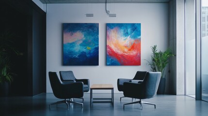 Modern Abstract Art Paintings in a Contemporary Living Room with Stylish Seating and Plant