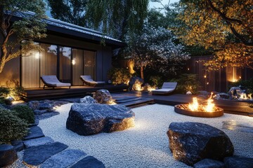 Serene Zen Garden at Night with Fire Pit and Modern House