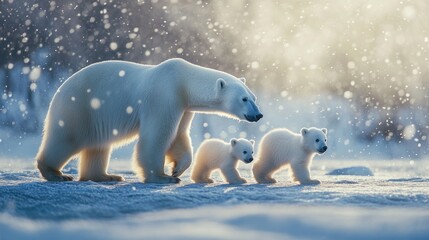 Fototapeta premium Polar Bear Family: A Mother's Love Guiding Her Cubs Through a Snowy Landscape