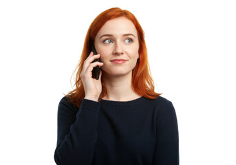 Woman using cell phone isolated on White background