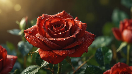 A close-up of a vibrant red rose with delicate petals covered in dewdrops, illuminated by soft golden sunlight.