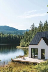 Fototapeta premium Modern lakeside cabin nestled in serene mountains with clear water reflecting the sky at sunrise, offering a perfect getaway and peaceful retreat