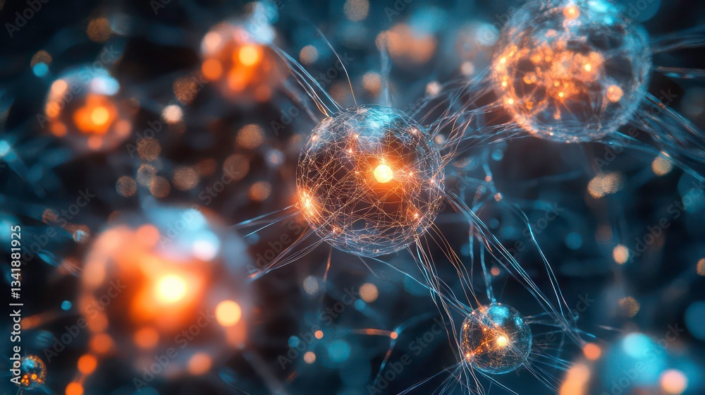 Sticker abstract representation of molecular structures with glowing spheres and interconnected lines, illus