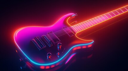 A guitar with neon glow effect on a dark background representing the concept like rock and night club party