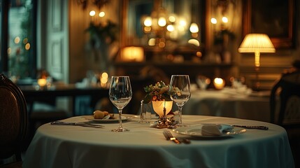 Fototapeta premium A high-end French restaurant with white linen tablecloths, candlelight, and classic dishes, romantic vibe 