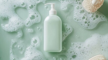 A mint green bottle of liquid soap surrounded by bubbles and a bath brush on a soft green background