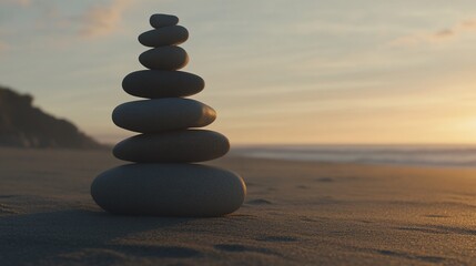 Zen stones stacked on beach at sunset for a relaxing spa or wellness theme