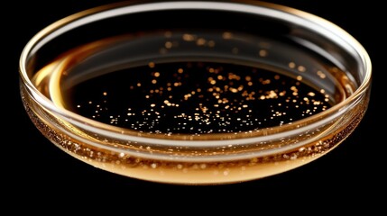 Clear Petri Dish with Golden Glitter Floating in Dark Background