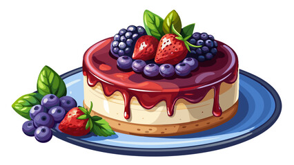 Blueberry Cheesecake, a delicious looking cheesecake with berries jam on top in a glaze and some berries fruits, on a plate