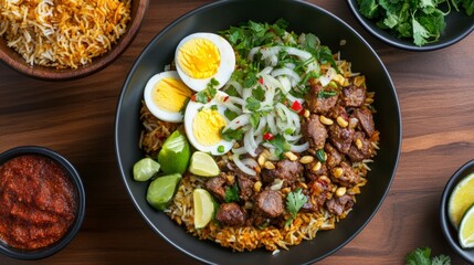Indulge in vibrant Bangladeshi biryani featuring goat meat, basmati rice, fried onions, and boiled eggs, served traditionally with a colorful array of spices
