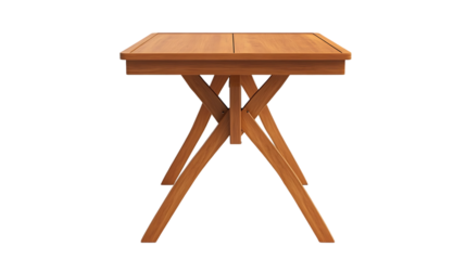 The image shows a wooden table with an x-shaped leg base, presented on a gradient background.