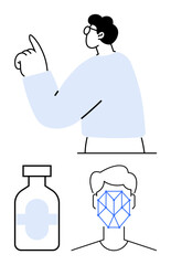 Person gesturing upward, a medicine bottle, and a face with geometric grid overlay. Ideal for healthcare, technology, AI, biometrics, innovation medical research futuristic ideas. Flat simple