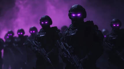 Fototapeta premium A silent army of shadowy figures with glowing purple eyes advances under a purple haze, wielding futuristic weaponry in a dark, ominous scene.