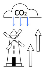 Windmill absorbing carbon dioxide from clouds with arrows indicating movement. Ideal for sustainability, renewable energy, carbon capture, environmental awareness, global warming, green technology