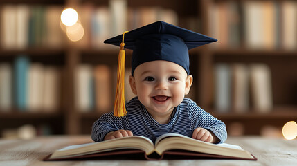 Education Concept: Baby Reading a Book, Wearing a Square Academic Cap with Space for Text