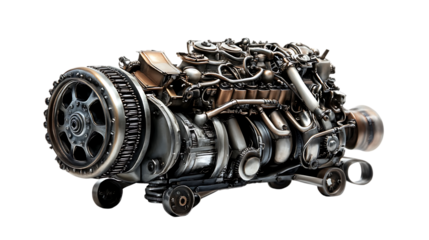 The image features a detailed steampunk-inspired engine, intricately constructed from various metal parts, highlighting its complex mechanical design.