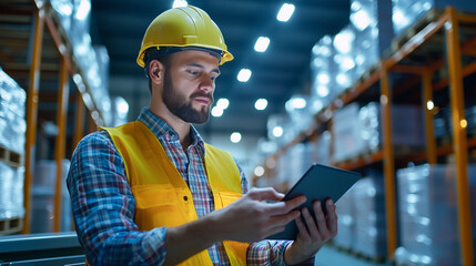 Warehouse Workers Operating Tow Tractor with Tablet in Busy Environment