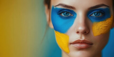 Patriotic Face Paint: A young woman displays patriotic face paint with Ukraine flag colors, conveying solidarity, pride, and a deep connection to her nation.