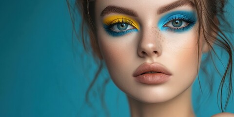 Fototapeta premium Vibrant Beauty: A captivating portrait of a woman showcasing eye-catching makeup artistry, with a striking combination of blue and yellow eyeshadow.