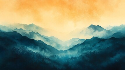 Misty Blue And Orange Mountain Range At Sunset