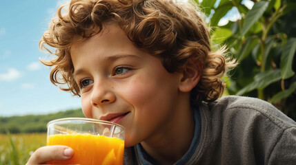 Little boy with a glass of juice in natural environment