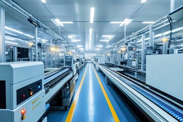 Obraz premium High-tech electronics plant showcasing automated PCB assembly lines