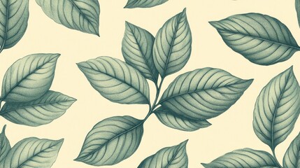 Fototapeta premium Teal Green Leaf Pattern on Cream Background