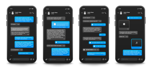 Messaging mobile app interface template, vector illustration. Smartphone with dark theme of chat application on screen. Social network.