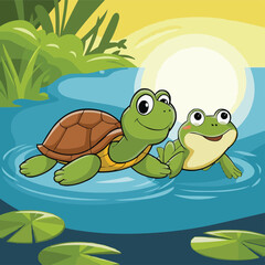 Turtle and Frog Swimming Together in the Water
