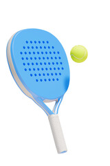 A blue paddle and a yellow ball for playing padel tennis on an isolated background.3d rendering