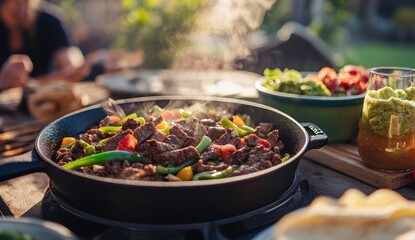 Fototapeta premium Delicious sizzling fajitas on a sunny day!