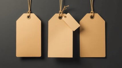 Mockup of three brown text hanging labels on grey background