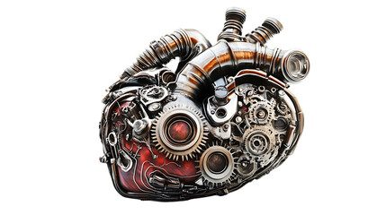 The image depicts a steampunk-style mechanical heart made of gears, pipes, and metal components. It represents a blend of anatomy and technology.