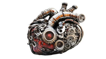 The image depicts a steampunk-style mechanical heart made of gears, pipes, and metal components. It represents a blend of anatomy and technology.
