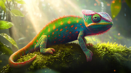 Obraz premium Colorful chameleon resting on mossy branch in tropical rainforest with sunlight rays 