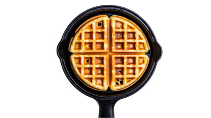 Overhead shot of a golden-brown waffle, divided into quadrants, sitting inside of a black cast iron waffle maker.