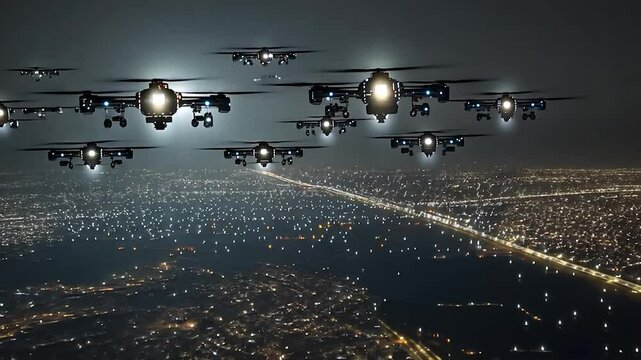 Night Drone Swarm Over City