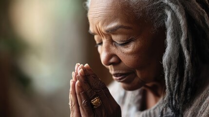 Elderly woman with gray dreadlocks praying with her hands clasped, serene expression, soft natural light background