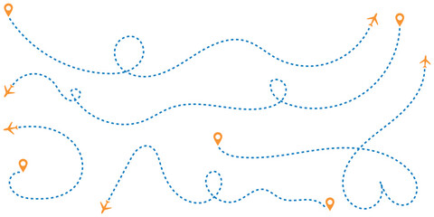 Airplane line path icon. Air plane flight route with line trace vector illustration. Dashed route travel concept.  Airplane dotted route line set. Path travel line shapes. Flight route with start poin © Shanakradhaman