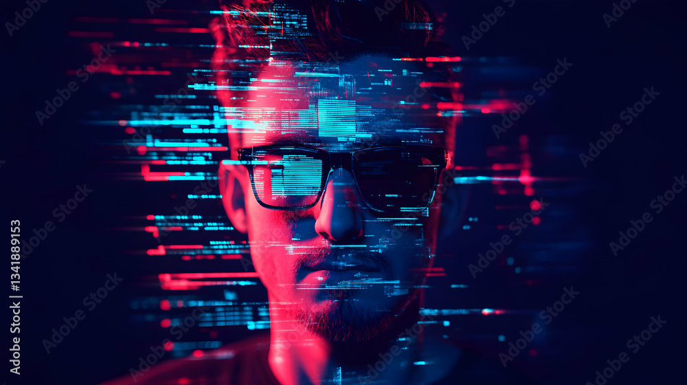 Poster abstract digital identity with coding data overlay, concept of future technology integration