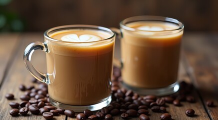 Coffee cream liqueur in glasses and beans on wooden table, closeup