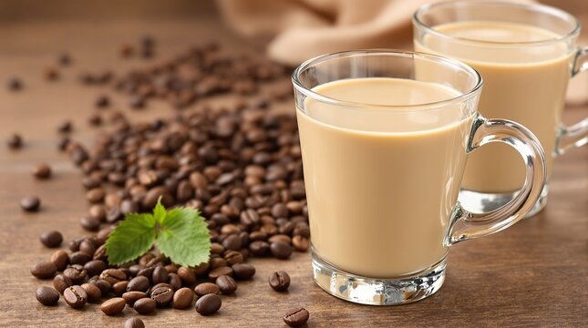Coffee cream liqueur in glasses and beans on wooden table, closeup