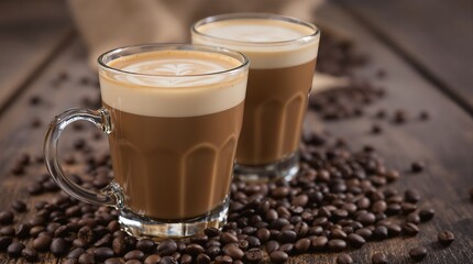 Coffee cream liqueur in glasses and beans on wooden table, closeup