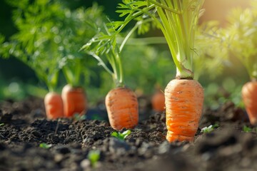 Carrot with bush growing in soil. Homegrown harvest of farm carrots. Carrot plant in vegetable garden. Fresh organic carrot roots. Sustainable eco friendly process of food cultivating. Harvesting