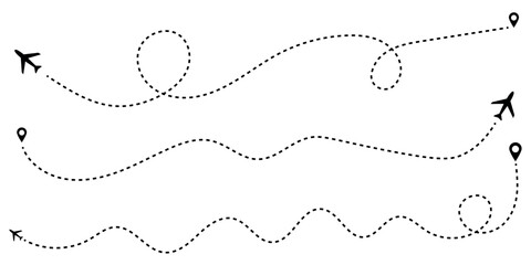 Airplane line path icon. Air plane flight route with line trace vector illustration. Dashed route travel concept. Plane flight way wallpaper isolated on white background. Aviation track symbol.