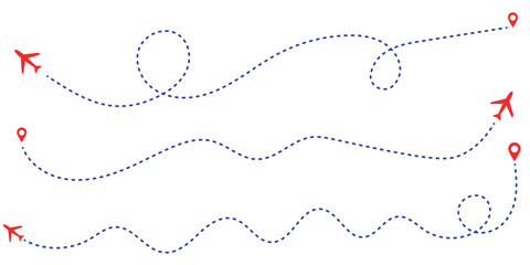 Obraz premium Airplane dotted route line set. Path travel line shapes. Flight route with start point and dash line trace for plane. Airplane line path icon. Airplane flight route with line trace vector illustration