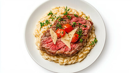 Gourmet steak risotto with parmesan and fresh herbs for culinary inspiration