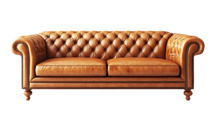 The image shows a luxurious tan leather Chesterfield sofa with button tufting, showcasing its classic design and comfortable elegance.
