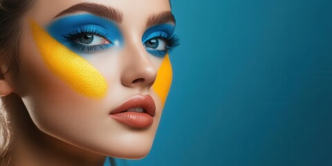 Radiant Beauty: A close-up shot of a stunning woman, adorned with vibrant blue and yellow makeup that highlights her striking features.