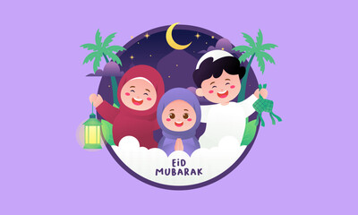 Eid Mubarak with Cute Kids Cartoon Illustration. Happy Muslim Boy and Girl Celebrate Eid Mubarak with Ketupat and Playing The Lantern. 